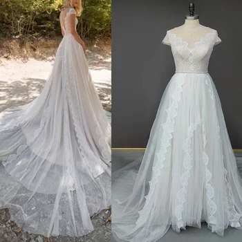 10078 # Реальные фотографии Высококачественное кружевное богемное пляжное иллюзионное свадебное платье свадебный наряд
