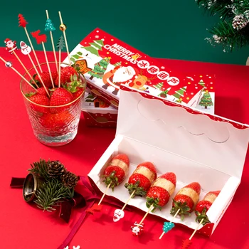 100шт Рождественских бамбуковых шпажек, палочки для коктейлей, Топпер для кексов, Одноразовые зубочистки для десерта, принадлежности для декора новогодней вечеринки.