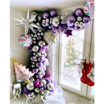 109шт Металлический Хром Серебристый Фиолетовый Набор воздушных шаров и гирлянд С Рождеством Христовым, Снежинки, конфеты, воздушные шары из алюминиевой фольги, Глобусы, Декоры
