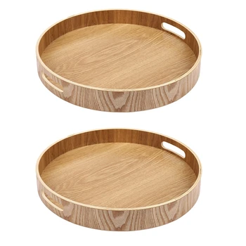 2 круглых сервировочных бамбуковых деревянных подноса для подносов для ужина, чайного бара, контейнера для завтрака с ручкой, лотка для хранения 3