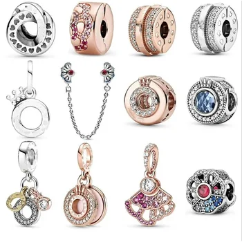 2020 новый 100% стерлингового серебра 925 Пробы сине-розовый Веер из бисера Подходит для женских браслетов и ожерелий, ювелирных изделий