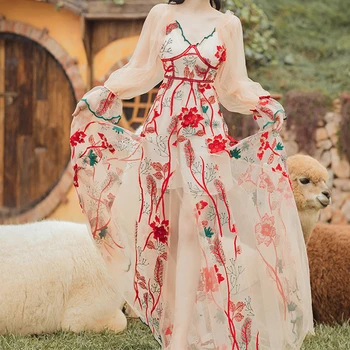2023 Новое Платье с рисунком, Женская Праздничная вышивка, расклешенный рукав, Ретро-марля, Бесплатная доставка
