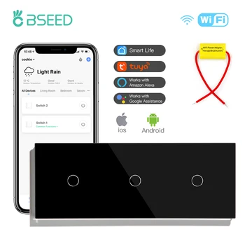 BSEED Сенсорные переключатели 3Gang Wifi с тройным стеклянным переключателем 1/2 / 3-полосный датчик Смарт-переключатели Tuya Smart Life Alxea Alice App Control 10A