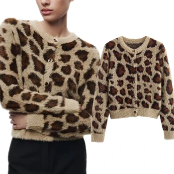 Elmsk High Street Fashion, Однобортное Вязаное пальто с леопардовым узором, Женские Весенние Свитера 2024 года, Трикотажные Кардиганы