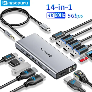 Minisopuru USB C Концентратор 4K HDMI USB Type C к DP RJ45 с Несколькими Портами USB A PD 100 Вт SD/TF Микрофон/Аудио Адаптер для Ноутбука Windows КОНЦЕНТРАТОР