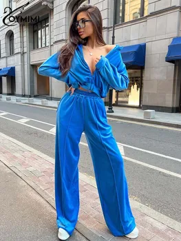 Oymimi Элегантные синие трикотажные комплекты из 2 предметов, женская одежда, модные топы на молнии с длинным рукавом и простые спортивные штаны с высокой талией, комплект