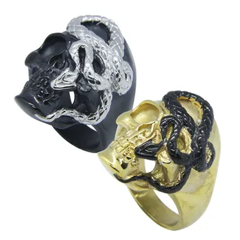 Rany & Roy Размер челнока 7-15 Черное Золотое кольцо с черепом из нержавеющей стали 316L Модное кольцо со Змеиным черепом в стиле хип-хоп