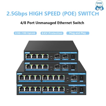 TEROW Гигабитный Коммутатор POE 2,5 Г/10 Г Неуправляемый Сетевой коммутатор Ethernet 4/8 Порта 2,5 Гбит/с POE + 1/2 Порта 10 Гбит/с Поддержка SFP VLAN