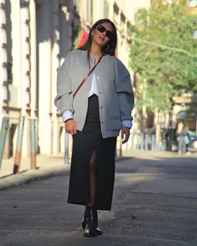YENKYE Женская винтажная серая куртка-бомбер оверсайз с длинным рукавом и карманами, женская повседневная верхняя одежда на осень-зиму