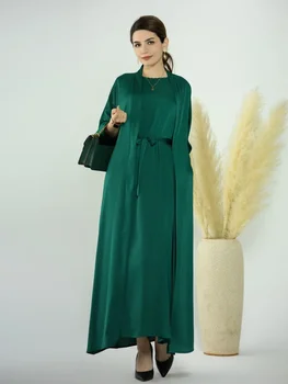 Атласное Кимоно Абайя из 2 Частей с Внутренним Платьем В Тон Мусульманскому Комплекту Eid Open Abayas для Женщин Дубай Турция Исламский Наряд Кафтан Хиджаб