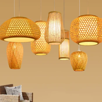 Бамбуковый фонарь, подвесной светильник, плетеный из натурального ротанга, люстры E27, Бамбуковые абажуры ручной работы, светильники, подвесной светильник