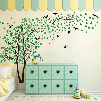 Большие листья деревьев, Птицы, наклейка на стену, спальня, гостиная, Дикая природа, пейзаж, Дерево, растение, животное, наклейка на стену, Виниловая детская