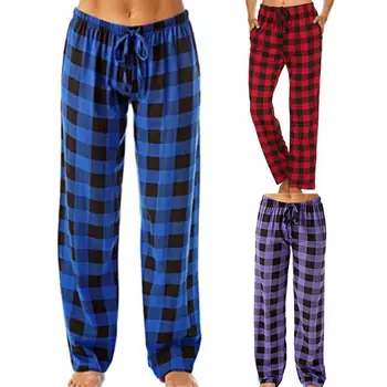 Брюки для сна с клетчатым рисунком, высокая эластичность, Широкие хлопчатобумажные свободные женские пижамные штаны, брюки для дома