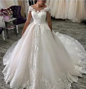 Великолепное свадебное платье трапециевидной формы с короткими рукавами, Кружевные аппликации, Свадебные платья, Дизайнерский халат большого размера De Mariée