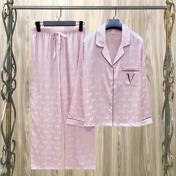 Весенне-осенняя новая жаккардовая розовая пижама 2023 года Пижама Популярная в Интернете домашняя одежда с бантом для женщин