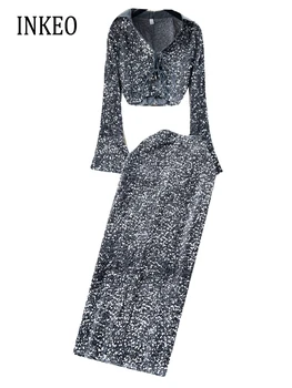 Вечерние клубные комплекты из 2 предметов, женская одежда, топы на шнуровке с блестками и юбка с высокой талией, Тонкая стильная укороченная рубашка с V-образным вырезом 2023 INKEO 3T181