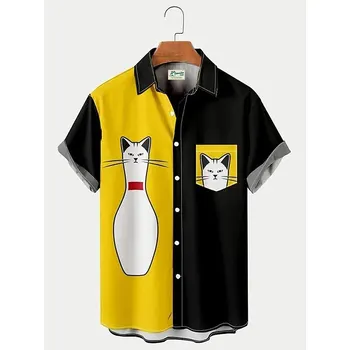 Гавайская мужская рубашка с принтом пламени в виде забавного котенка в боулинге, модный повседневный мужской топ с лацканами, мужская рубашка с открытыми пуговицами.