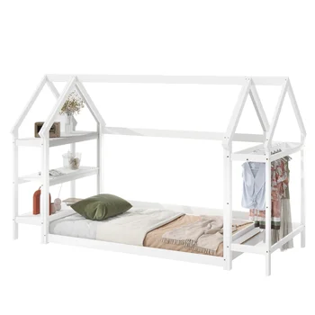 Двуспальная Напольная кровать в форме домика с 2 Съемными Подставками, белый