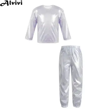 Детский джазовый танцевальный костюм для уличных танцев в стиле хип-хоп, наряд для выступления на сцене, металлическая блестящая футболка с блестящими брюками, танцевальная одежда