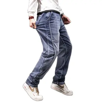 Джинсы в стиле пэчворк в стиле ретро, большие размеры, мужские повседневные прямые брюки, уличная одежда, шаровары в стиле хип-хоп, одежда с широкими штанинами