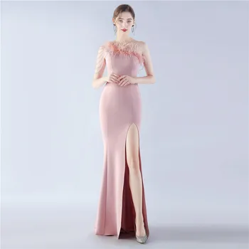 Длинное официальное вечернее платье Русалки розового цвета с перьями на одно плечо из эластичного атласа с высоким разрезом, женские свадебные платья для вечеринок