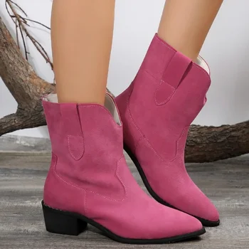 Женская обувь 2023, модные женские ботинки с рукавами, зимние замшевые, с острым носком, однотонные, средней длины, на толстом каблуке, сапоги больших размеров