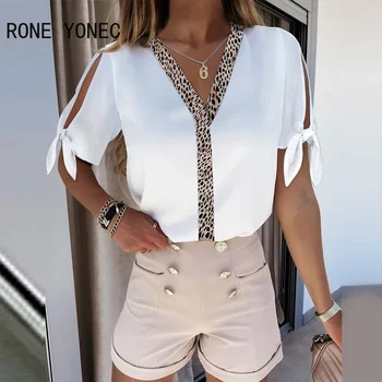 Женская рубашка с леопардовым принтом в полоску, базовый топ с V-образным вырезом, повседневная блузка, топ