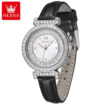 Женские кварцевые часы OLEVS класса люкс с бриллиантами, кожаный ремешок, водонепроницаемые, чистые и элегантные высококачественные женские часы от ведущего бренда