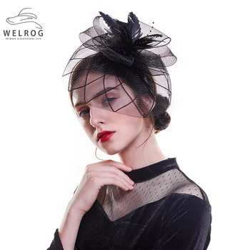 Женские модные шляпы-чародейки из перьев WELROG, свадебные шляпы и чародейки с вуалью в виде черной птичьей клетки, аксессуары для волос из белой сетки