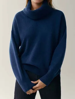 Женские Новые модные Свободные асимметричные полушерстяные повседневные вязаные свитера, винтажные женские пуловеры с высоким воротом и длинным рукавом, шикарные топы
