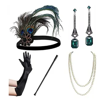 Женские перчатки-хлопушки 20-х годов, повязка на голову с пером, жемчужное ожерелье, мундштук для сигарет, набор из 4 предметов, Великий Гэтсби 1920-х, набор аксессуаров