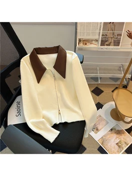 Женский белый кардиган, вязаный свитер, винтажный корейский стиль Harajuku Y2k 90-х, эстетичные свитера с длинными рукавами и воротником, одежда 2000-х