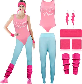 Женский тренировочный костюм 80-х, купальник 80-х для вечеринки 80-х 90-х, ретро неоновая повязка на голову, браслеты, леггинсы