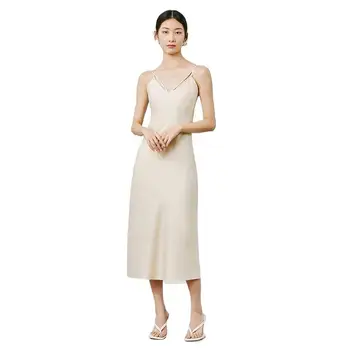 Женское платье-комбинация из атласа без рукавов с V-образным вырезом, однотонный шелк, элегантные винтажные женские летние платья с длинными бретельками Vestidos