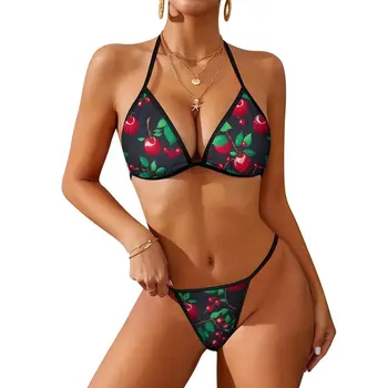 Комплект бикини с милым вишневым принтом, сексуальный купальник-бикини с зелеными листьями, купальники с рейв-дизайном, стильная пляжная одежда