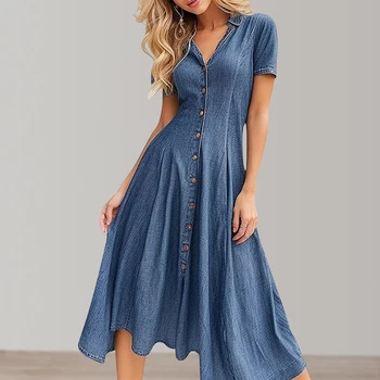 Короткое джинсовое платье с воротником-лацканом, Однотонное Женское платье с коротким рукавом, потертое Классическое платье, костюм для уличной одежды в винтажном стиле