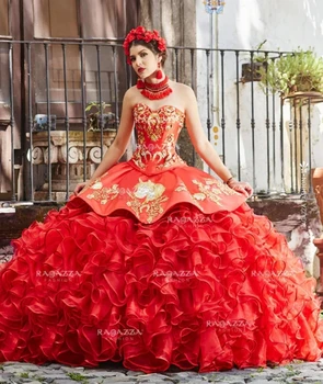 Красные платья Charro Quinceanera Бальное платье Милая Органза Оборки Аппликации Пышные Мексиканские Сладости 16 Платьев 15 Anos