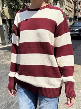 Красный полосатый Свободный вязаный свитер, женский осенний пуловер оверсайз с круглым вырезом и длинным рукавом, Милая уличная одежда, хлопковые свитера.