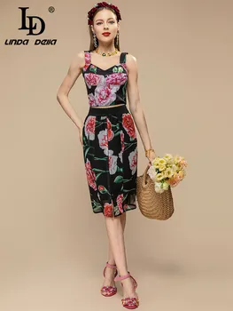 Летние дизайнерские комплекты LD LINDA DELLA, женский короткий топ на бретельках + черные облегающие юбки с винтажным цветочным принтом, костюмы