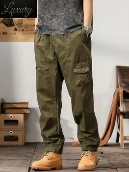 Летние легкие мужские брюки-карго с множеством карманов, мешковатые джоггеры из цельного хлопка, армейские военные Прямые повседневные длинные рабочие брюки