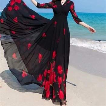 Летом 2023 Года Появилась Новая Корейская версия Шифонового платья с V-образным вырезом и принтом, Темпераментного женского платья, Закрывающего талию, И Тонкого Пляжного платья.