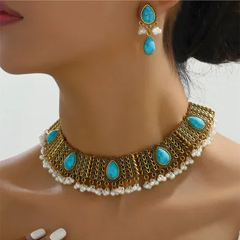 Массивное ожерелье с бирюзовым камнем Kymyad, серьги для женщин, винтажный набор украшений с имитацией жемчуга