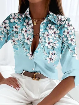 Модная женская удобная Тонкая рубашка, топ с цветочным принтом на пуговицах, длинный рукав, повседневная Праздничная Винтажная уличная одежда, блузка, футболка XS-8XL