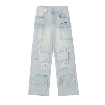Мужские джинсовые брюки карго в стиле хай-стрит оверсайз в стиле хип-хоп с множеством карманов, уличная одежда, джинсовые брюки оверсайз, рваные штаны Y2K
