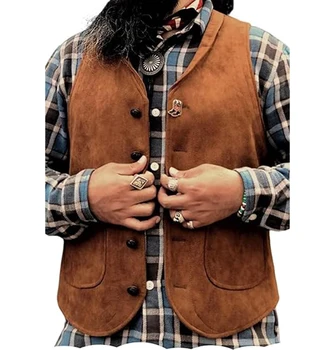 Мужской замшевый жилет из воловьей кожи, мужские ковбойские жилеты в стиле вестерн с карманами