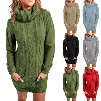 Новая модная осенняя одежда для женщин Осень и зима, вязаное мини-платье-свитер с высоким воротом и круглым вырезом, короткое Мини-платье-свитер с длинным рукавом
