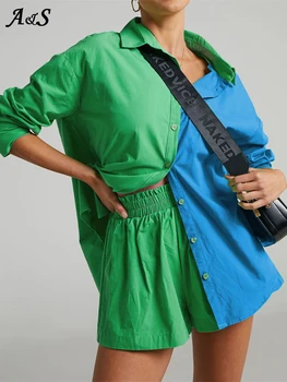 Новая повседневная рубашка и шорты, комплект из двух предметов, женский спортивный костюм, зеленый топ с длинным рукавом и мини-шорты, женский летний костюм