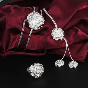 Новая уличная одежда Для женщин из стерлингового серебра 925 пробы, Красивые ожерелья с цветами Розы, Браслеты, Кольца, Ювелирный набор, Модные Свадебные подарки для вечеринок