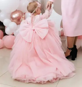 Новое пышное платье для маленькой девочки, праздничное платье из розового тюля, платье принцессы на день рождения, платье для крещения, детская одежда с длинным хвостом