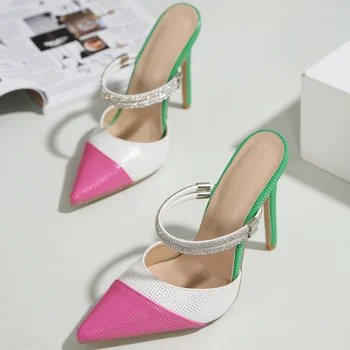 Новые летние женские туфли на высоком каблуке, два способа ношения, подходящие по цвету босоножки на шпильке со стразами и острым носком, повседневная обувь